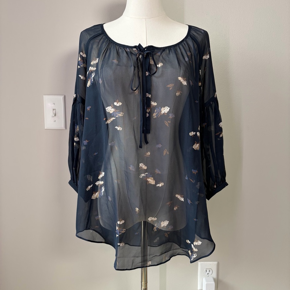 Club Monaco Navy Floral Detail Silk Flowy Sheer Tassel Front Blouse